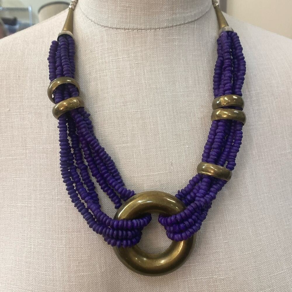 Vintage purple beaded necklace with copper accents